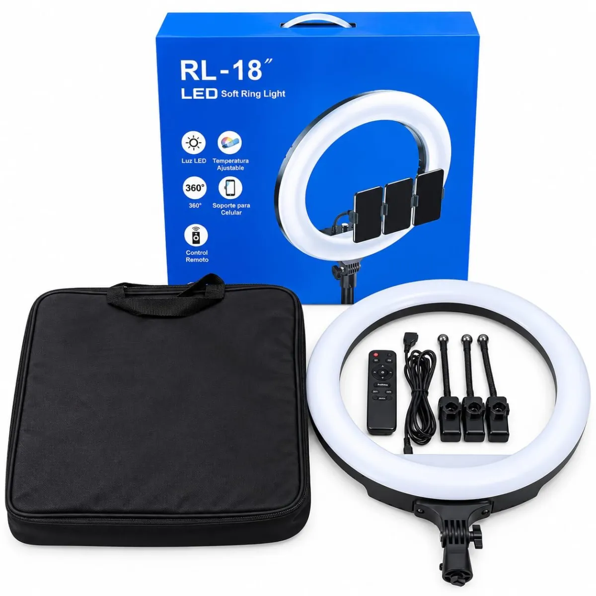 Aro de Luz LED Ring Light 18” RL-18 con Trípode, Control Remoto y Soportes para Celular