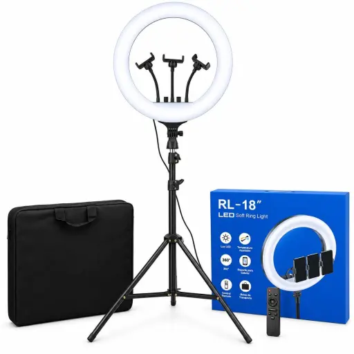 Aro de Luz LED Ring Light 18” RL-18 con Trípode, Control Remoto y Soportes para Celular — Accesorios de flash para cámaras