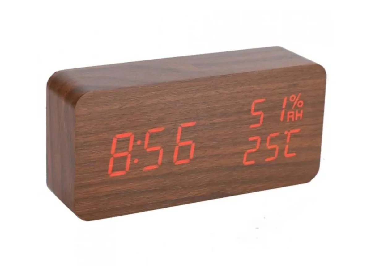 Reloj Digital Despertador de Madera con Control de Voz