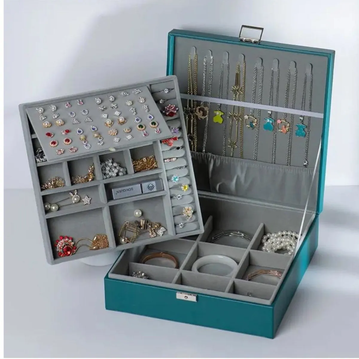 Caja De Joyería Grande De Doble Capa PU Organizador De Joyas (Verde)