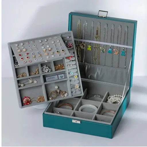 Caja De Joyería Grande De Doble Capa PU Organizador De Joyas (Verde) — Joyeros / bolsas
