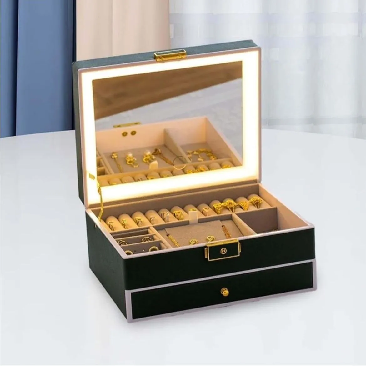 Joyero Caja Organizadora Portátil de Joyas 2 Niveles c/ luz led