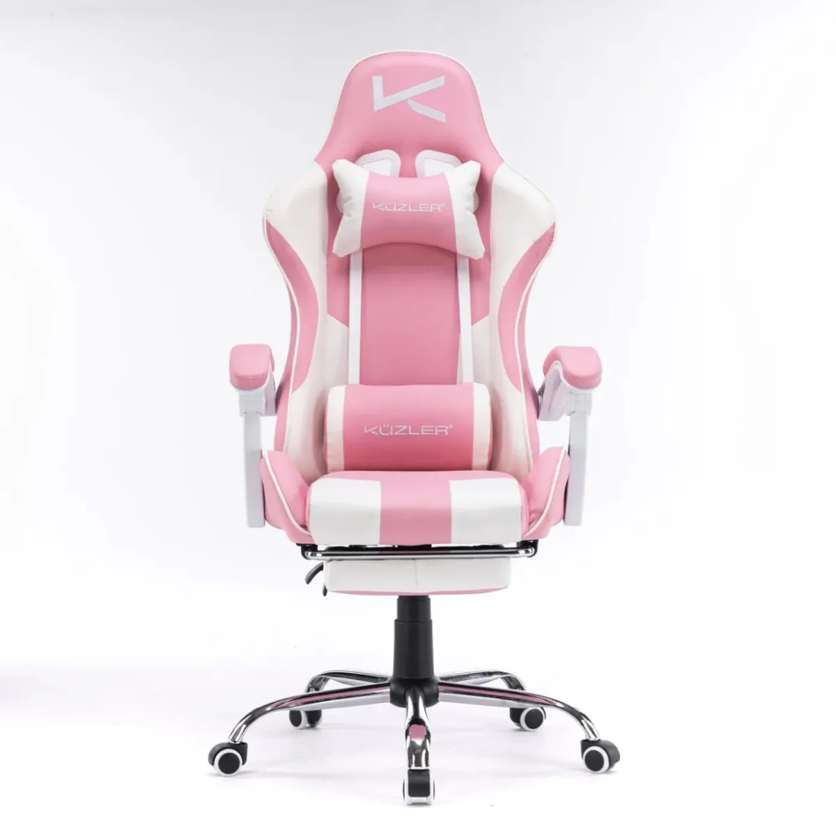 Silla Gamer Rosada con Masajeador Lumbar Reposapiés y base Metálica