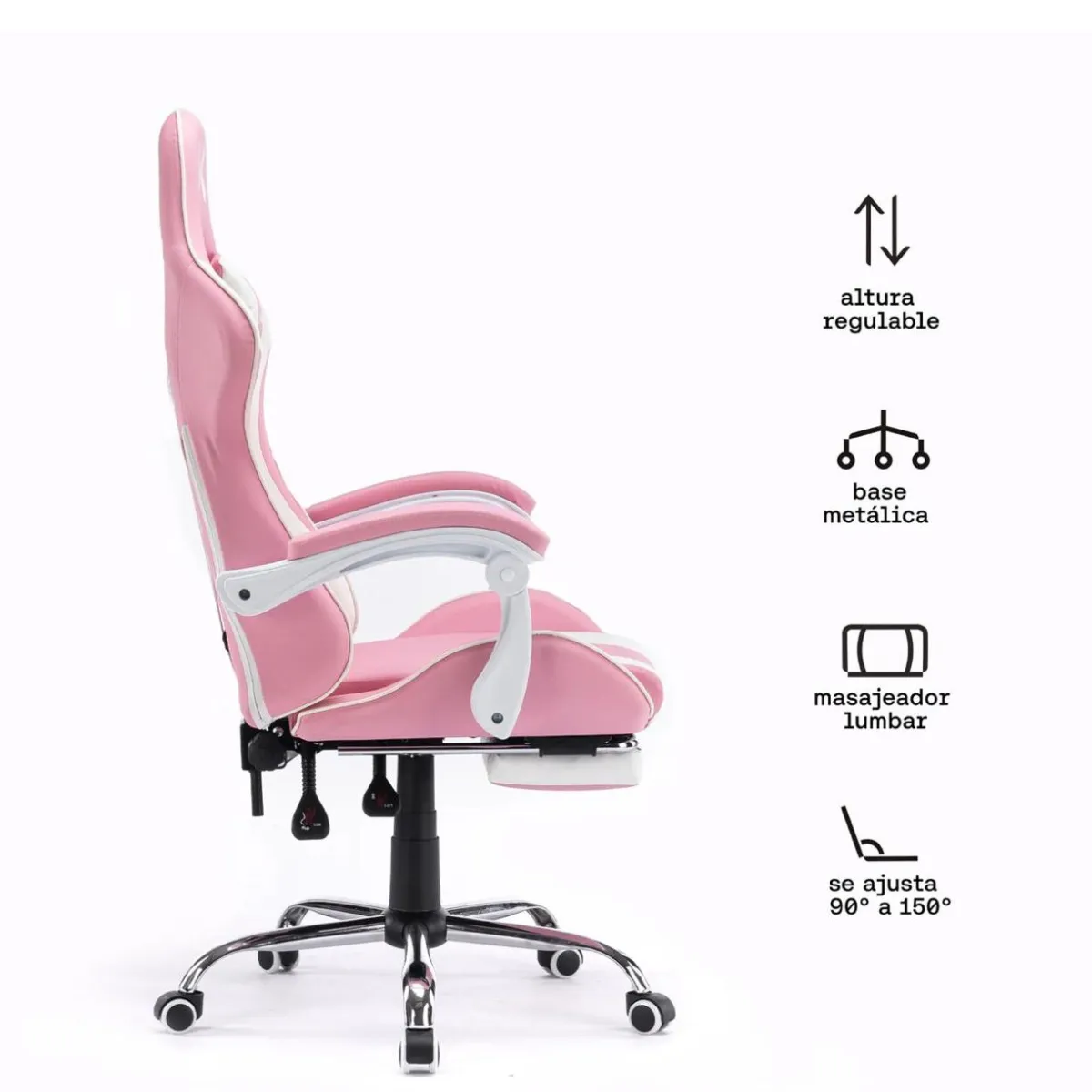 Silla Gamer Rosada con Masajeador Lumbar Reposapiés y base Metálica