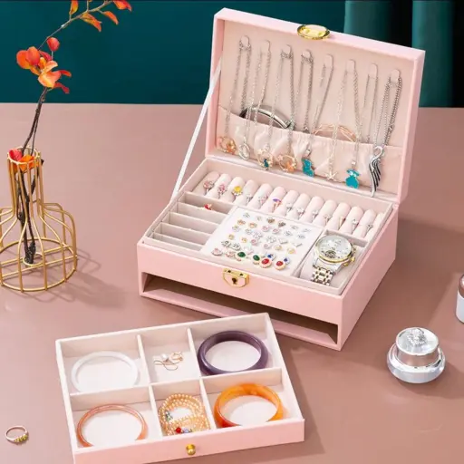 Joyero Caja Organizadora Portátil de 2 Compartimientos Rosado — Joyeros / bolsas
