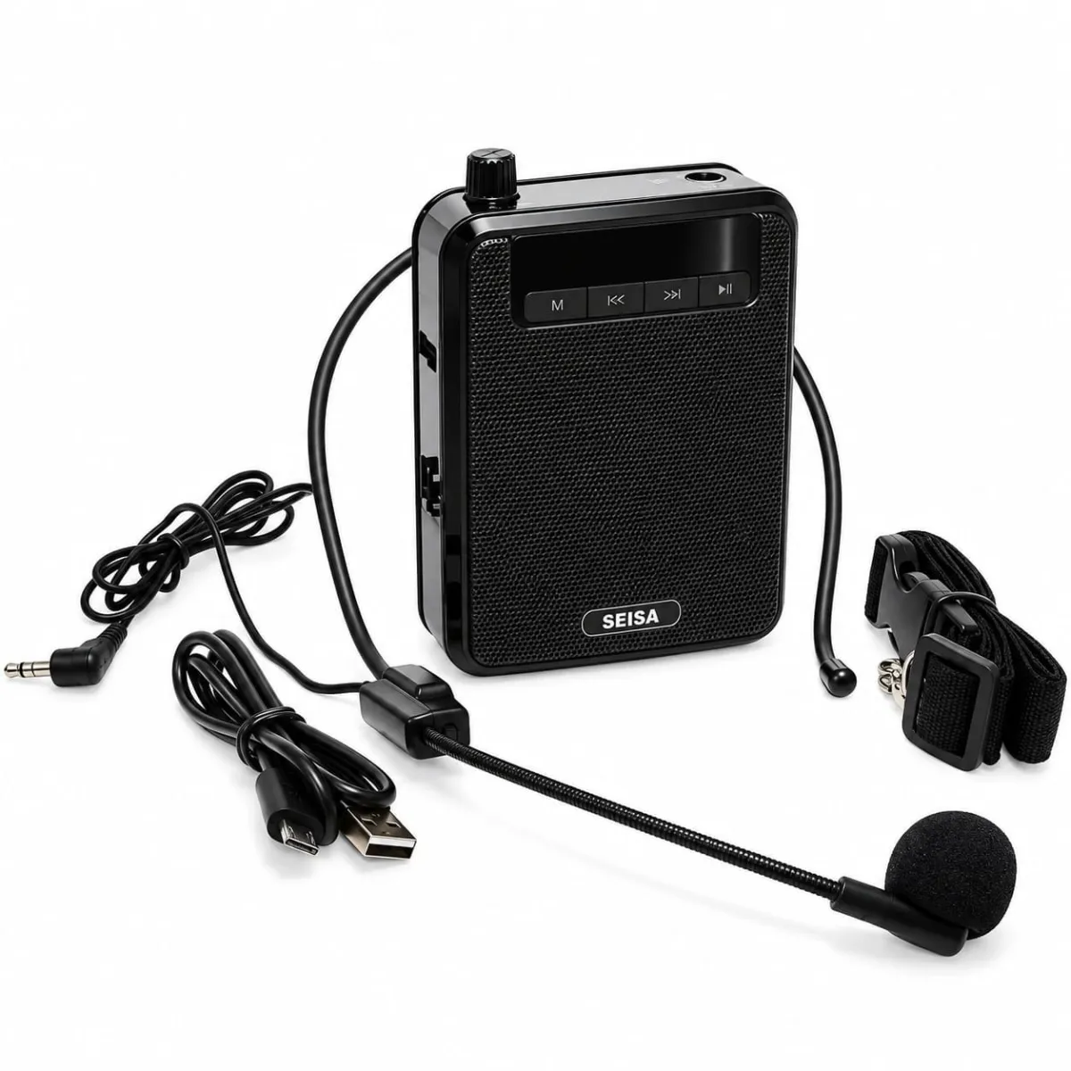 Amplificador de Voz Portátil Recargable con Micrófono Vincha Radio FM y Alta Potencia — Micrófonos