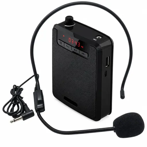 Amplificador de Voz Portátil Recargable con Micrófono Vincha Radio FM y Alta Potencia — Micrófonos