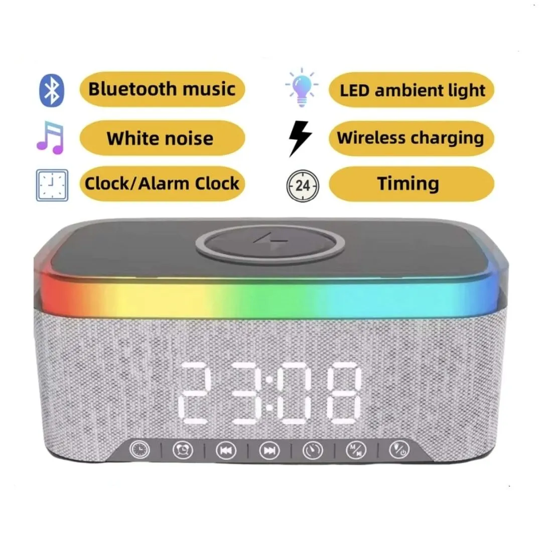 Parlante Bluetooth con reloj de carga inalámbrica despertador