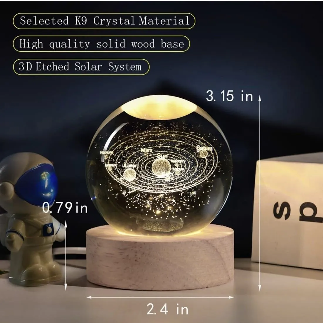 Luz nocturna de bola de cristal del sistema solar 3D