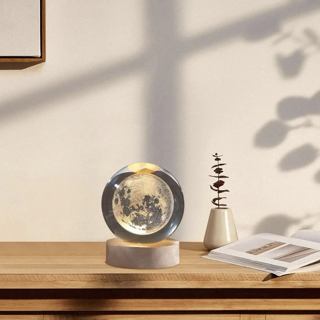 Mini Lámpara Cristal 3D De Luz Cálida Modelo Luna