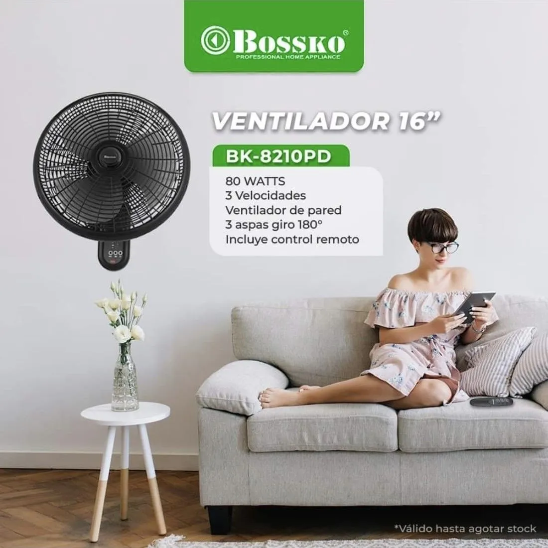 Ventilador Bossko de Pared BK 8210PD con Control Remoto 80 Watts