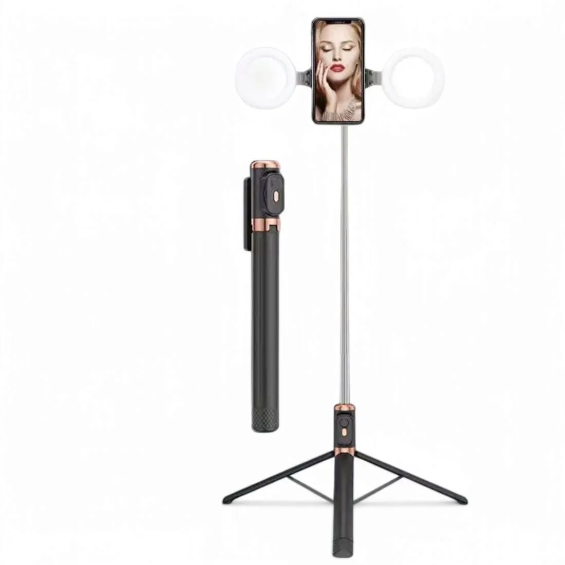 Palo Selfie Stick Bluetooth con doble luz LED de 10cm en color Negro — Soportes de teléfono