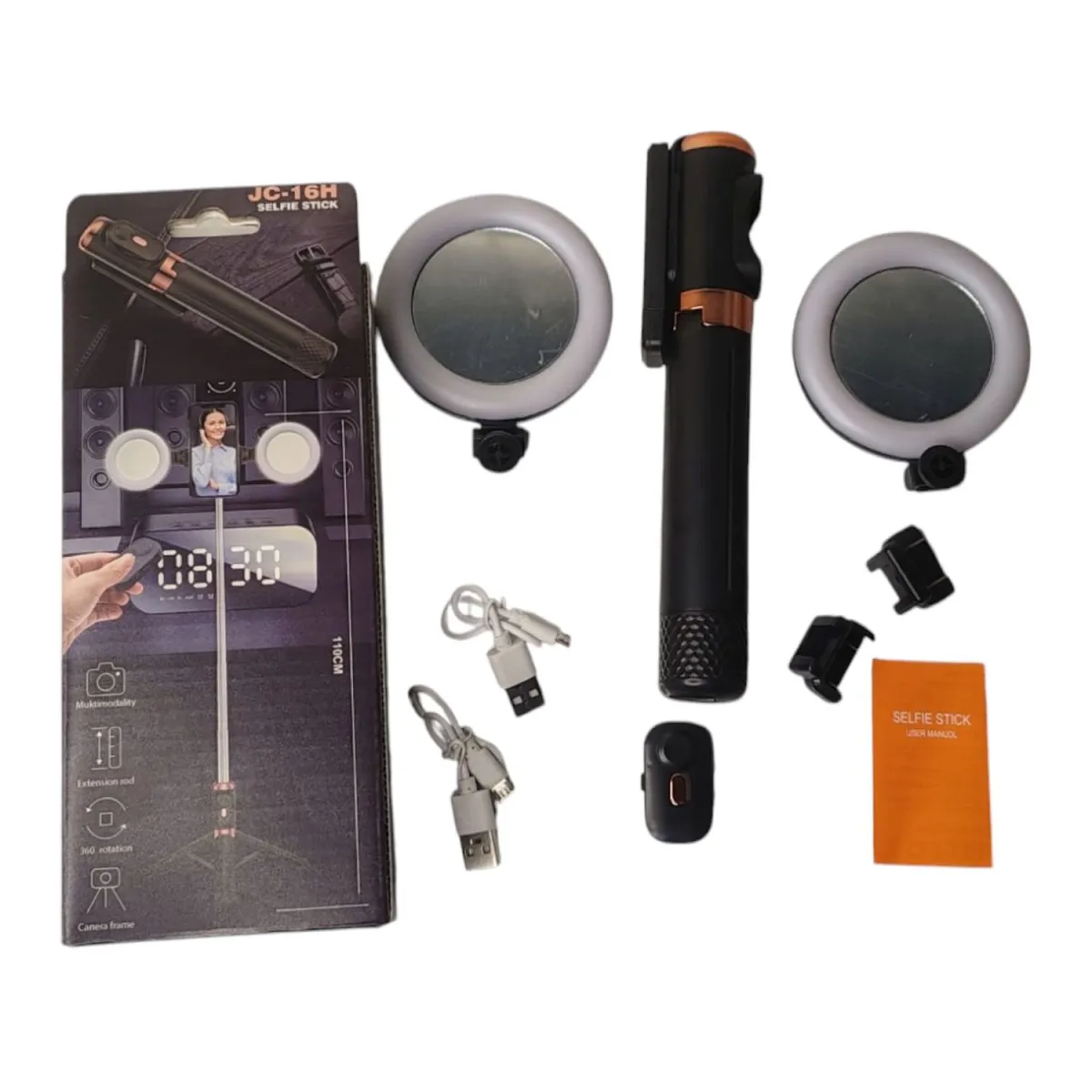 Palo Selfie Stick Bluetooth con doble luz LED de 10cm en color Negro