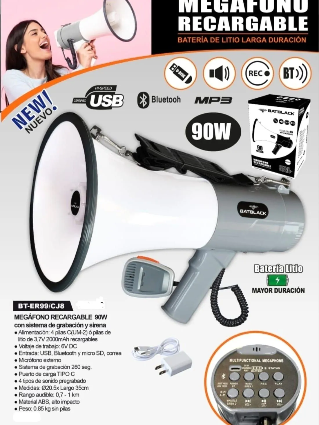 Megáfono Recargable 90W con Sirena Bluetooth y USB BT-ER99 BATBLACK — Megáfonos