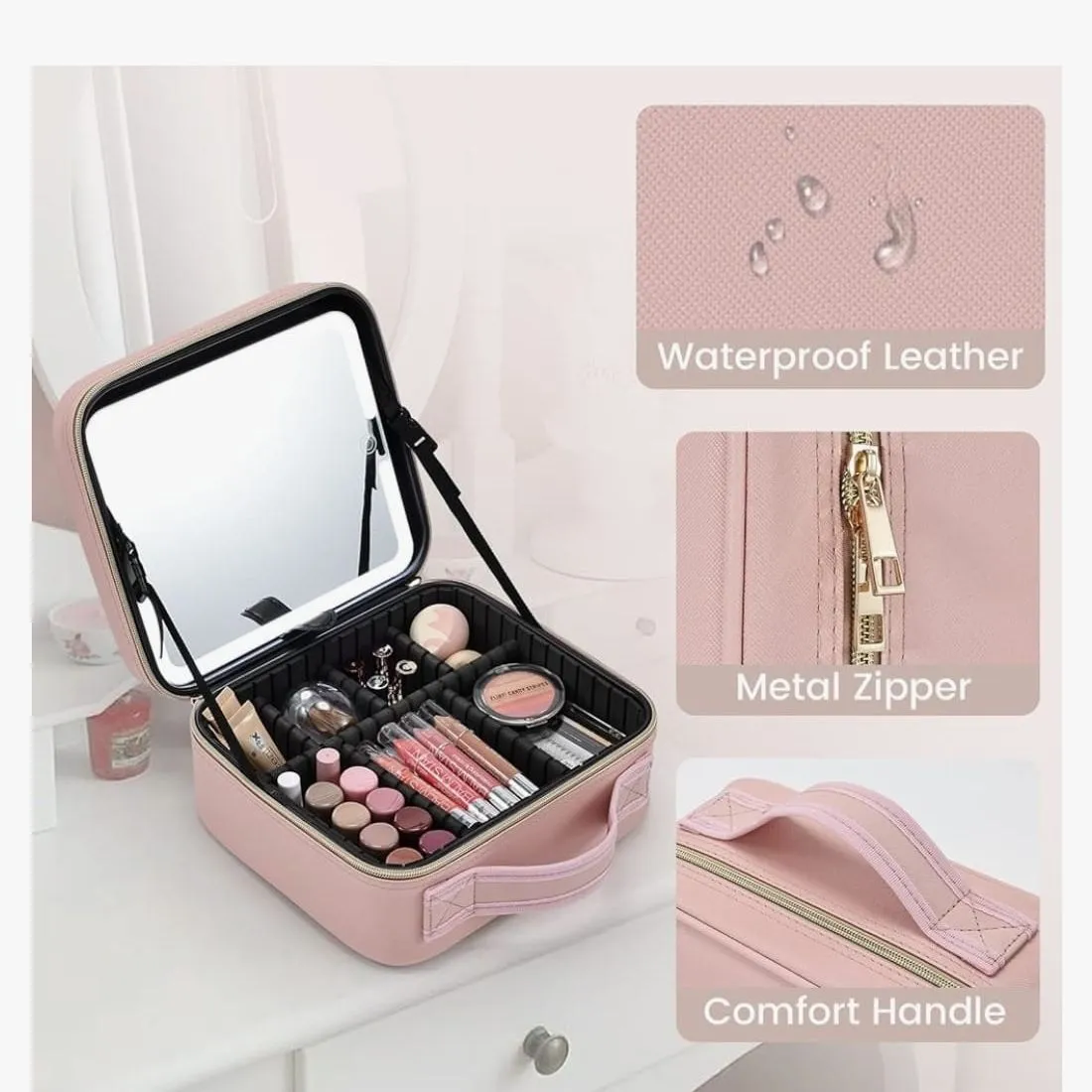 Maleta Organizador De Maquillaje con Espejo Recargable Y Luz Led — Accesorios y brochas para productos cosméticos