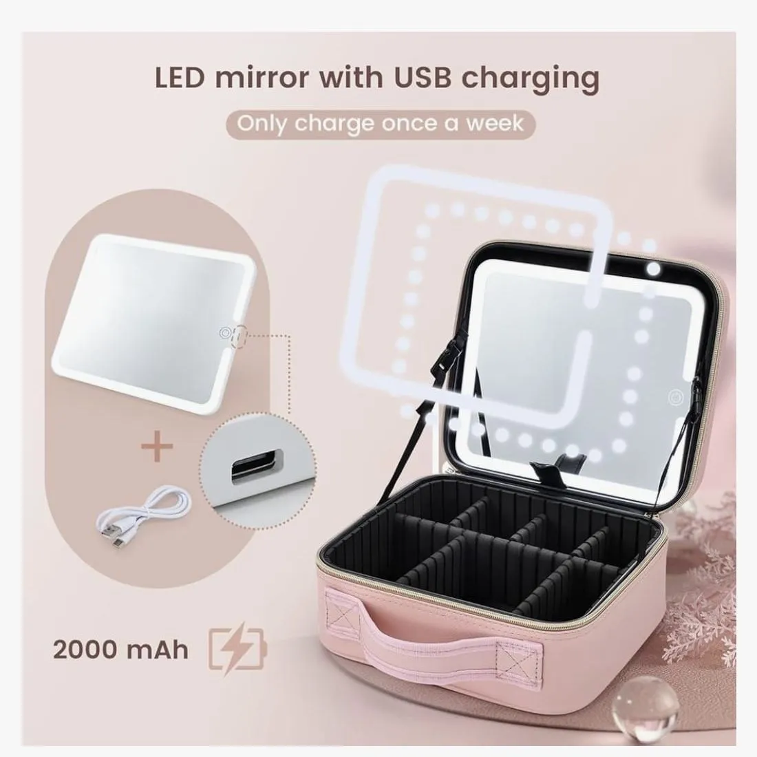 Maleta Organizador De Maquillaje con Espejo Recargable Y Luz Led