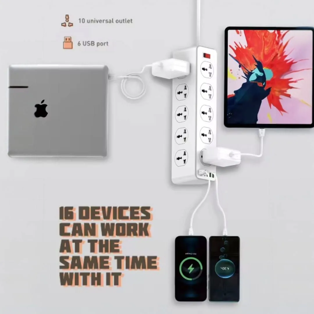 Enchufe Extencion De Corriente Carga Rápida SC10610 10socket 5USB 1C