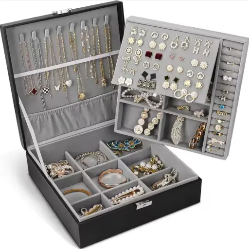 Joyero Caja Organizadora Portátil de Joyas 2 Niveles — Accesorios y brochas para productos cosméticos