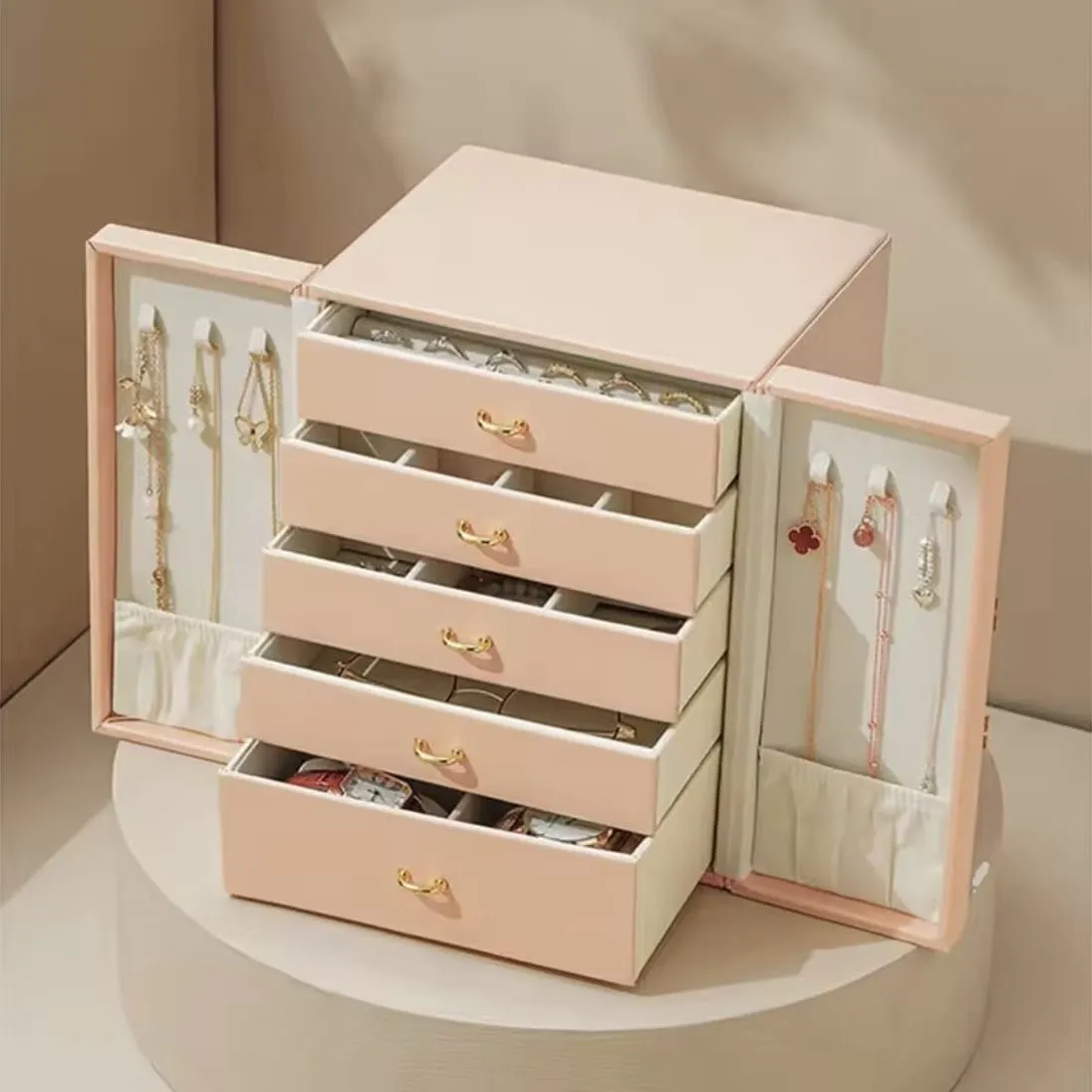 Joyero Organizador Portátil Rosa 5 Cajones Mas Laterales para Collares.