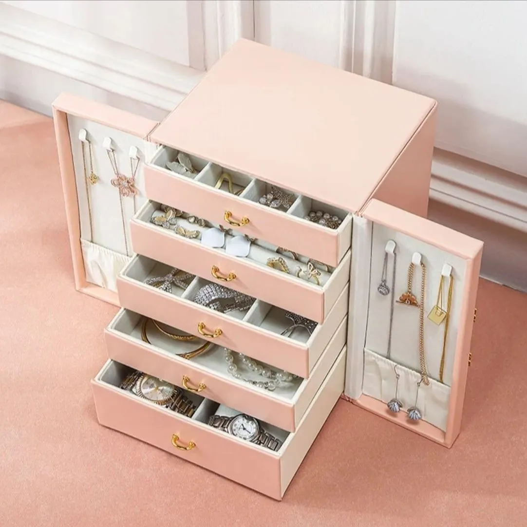 Joyero Organizador Portátil Rosa 5 Cajones Mas Laterales para Collares. — Organizadores dormitorio / Living