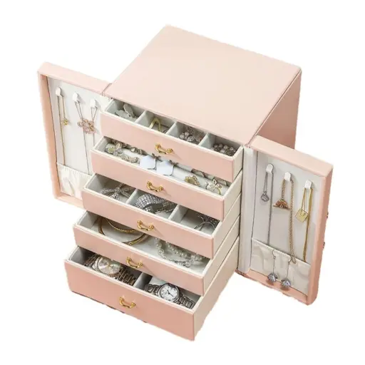 Joyero Organizador Portátil Rosa 5 Cajones Mas Laterales para Collares. — Organizadores dormitorio / Living