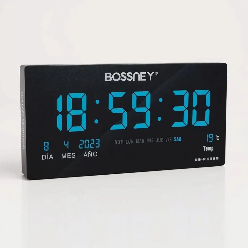 Reloj Digital BOSSNEY de Pared 46x22cm Hora Azul Fecha Temperatura