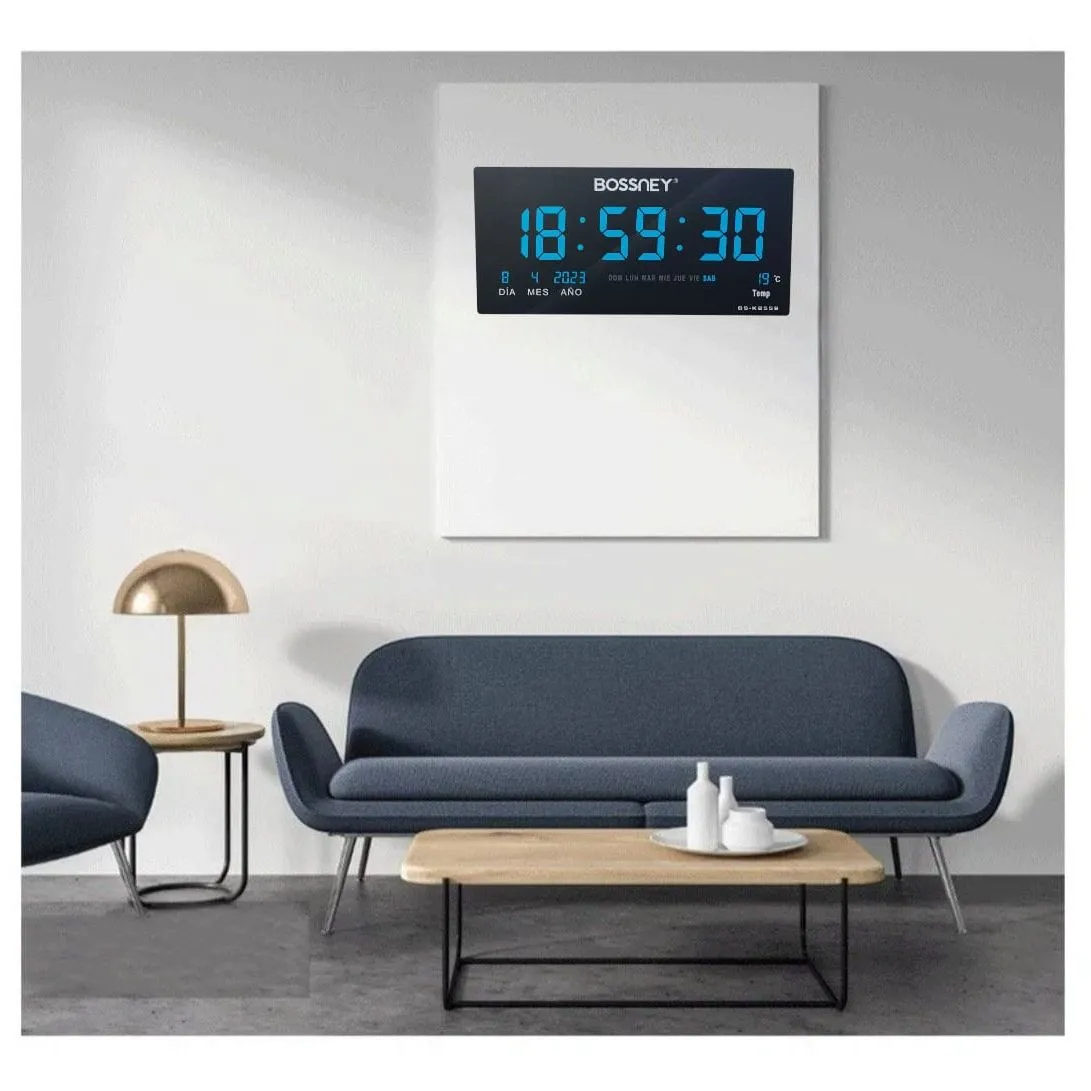 Reloj Digital BOSSNEY de Pared 46x22cm Hora Azul Fecha Temperatura