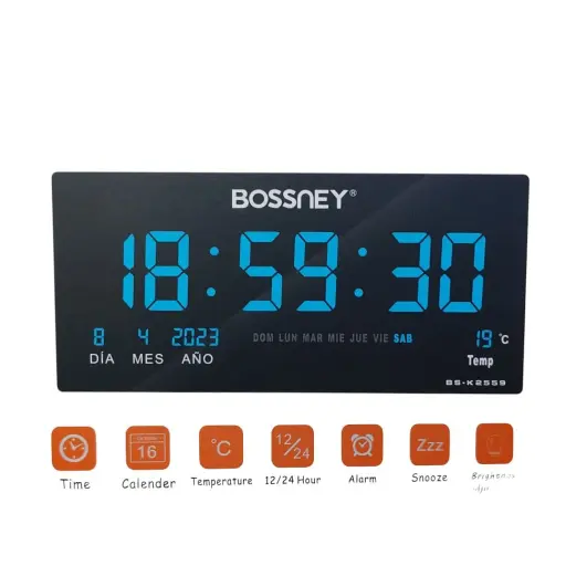 Reloj Digital BOSSNEY de Pared 46x22cm Hora Azul Fecha Temperatura — Relojes