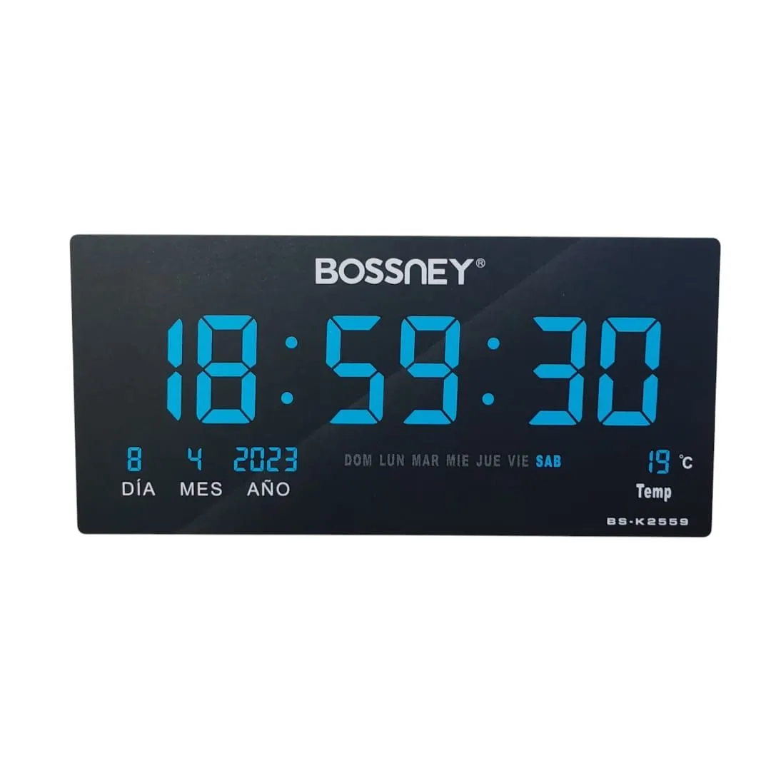 Reloj Digital BOSSNEY de Pared 46x22cm Hora Azul Fecha Temperatura — Relojes