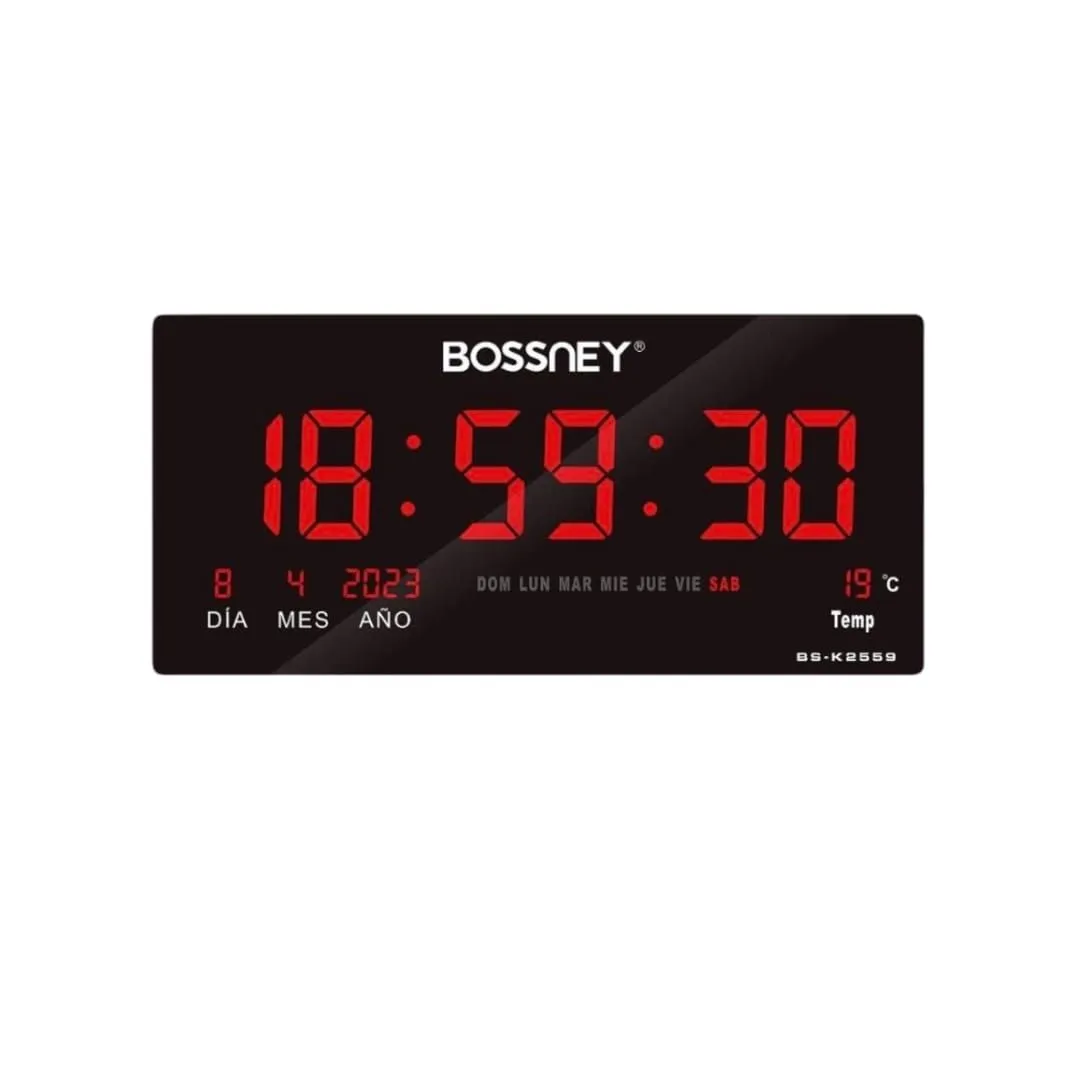 Reloj Digital BOSSNEY de Pared 46x22cm Hora Rojo Fecha Temperatura — Relojes