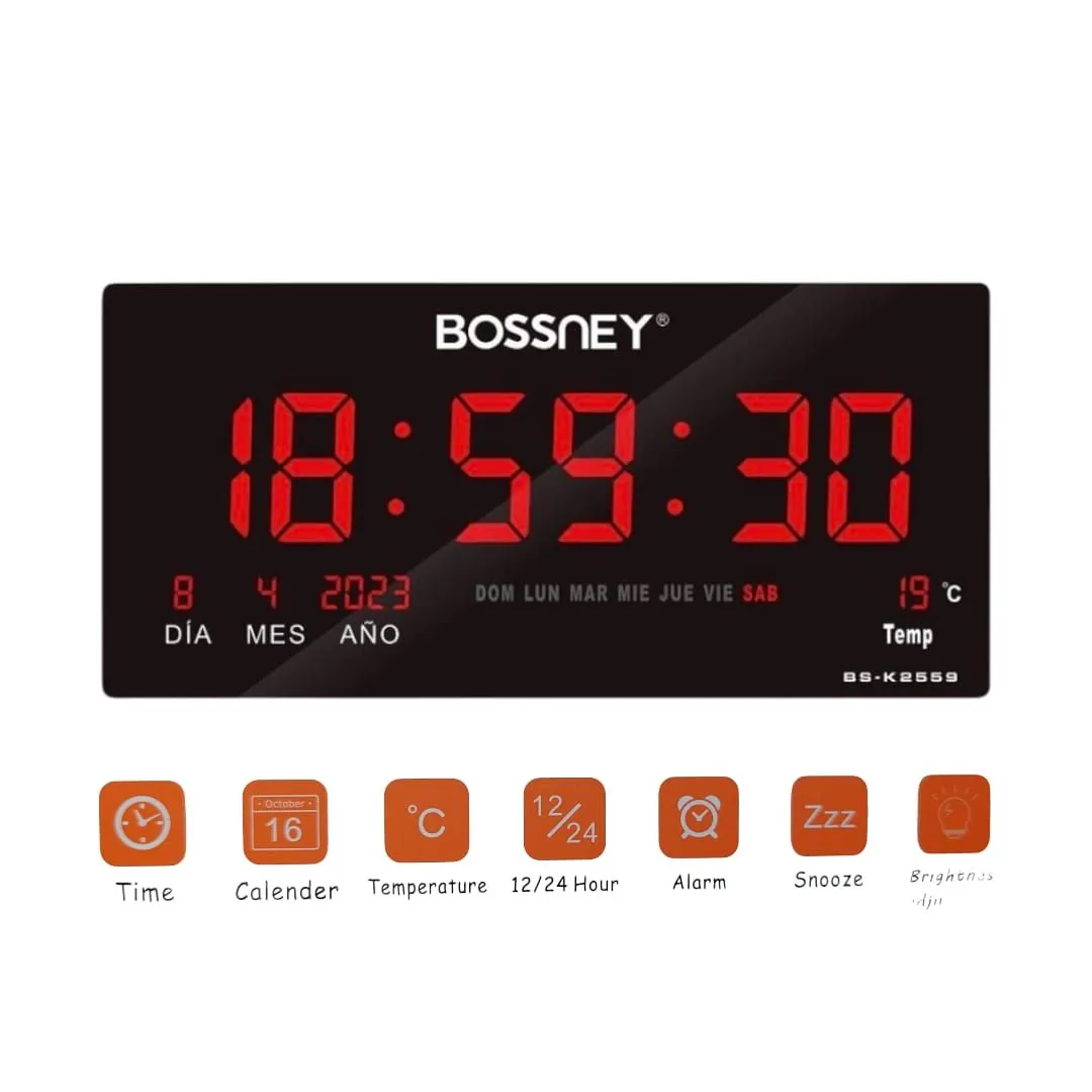 Reloj Digital BOSSNEY de Pared 46x22cm Hora Rojo Fecha Temperatura