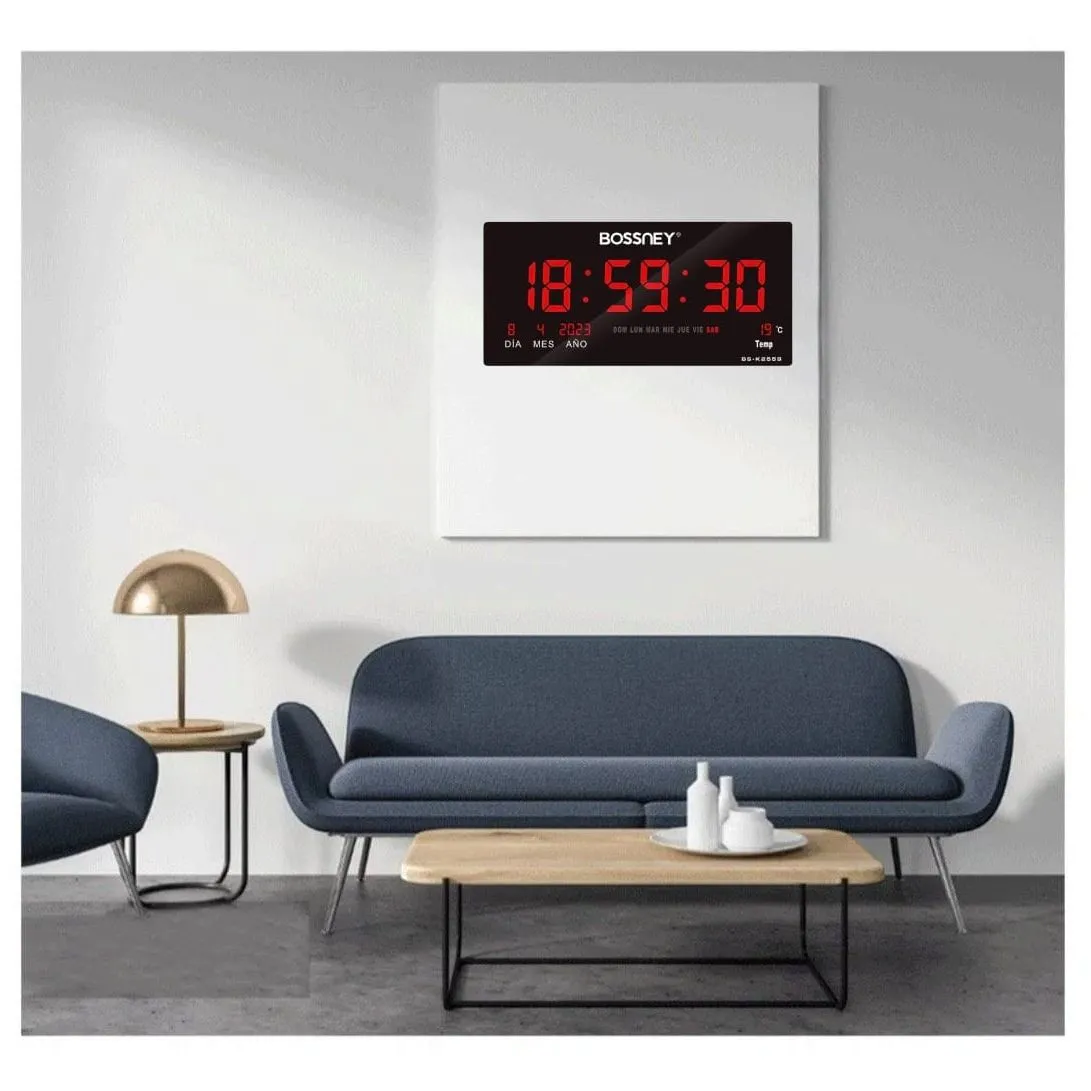 Reloj Digital BOSSNEY de Pared 46x22cm Hora Rojo Fecha Temperatura