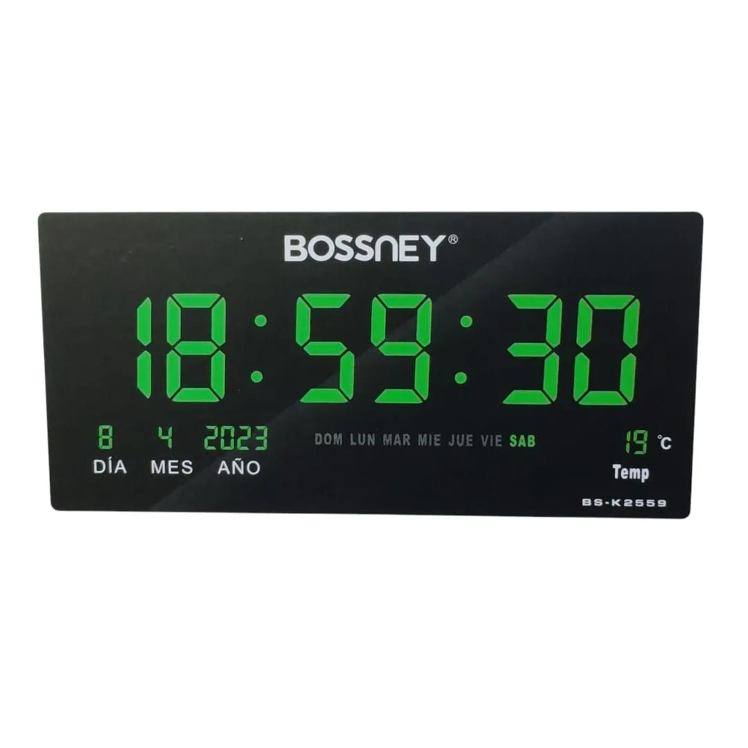 Reloj Digital BOSSNEY de Pared 46x22cm Hora Verde Fecha Temperatura — Relojes
