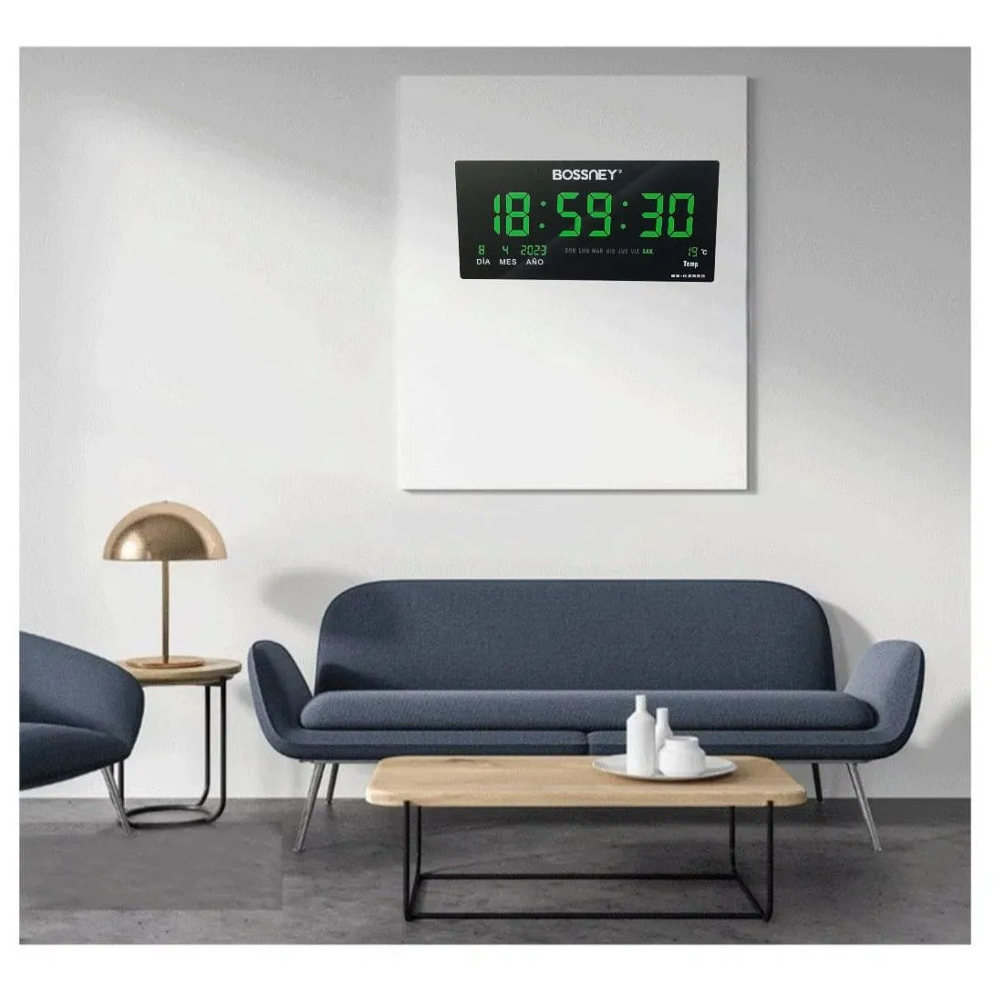 Reloj Digital BOSSNEY de Pared 46x22cm Hora Verde Fecha Temperatura