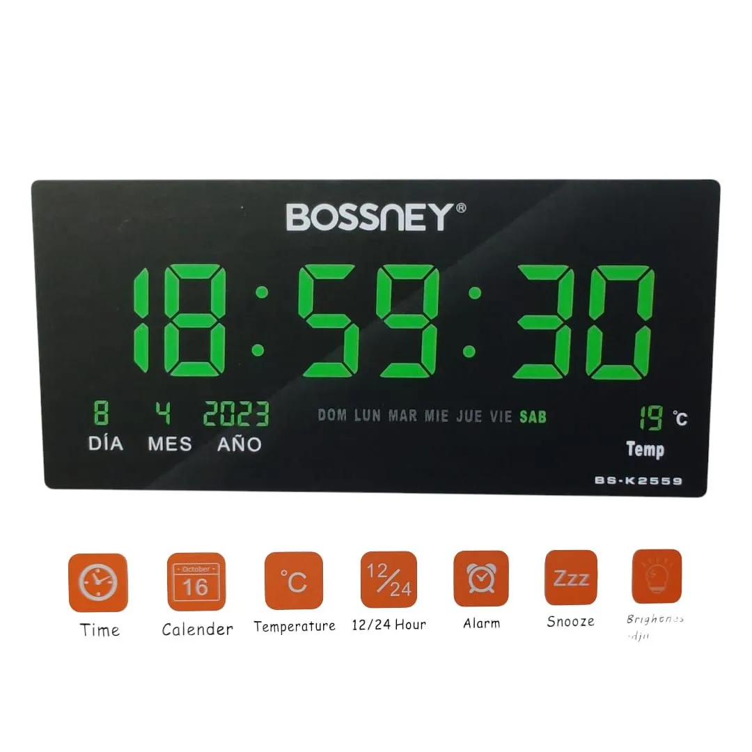 Reloj Digital BOSSNEY de Pared 46x22cm Hora Verde Fecha Temperatura