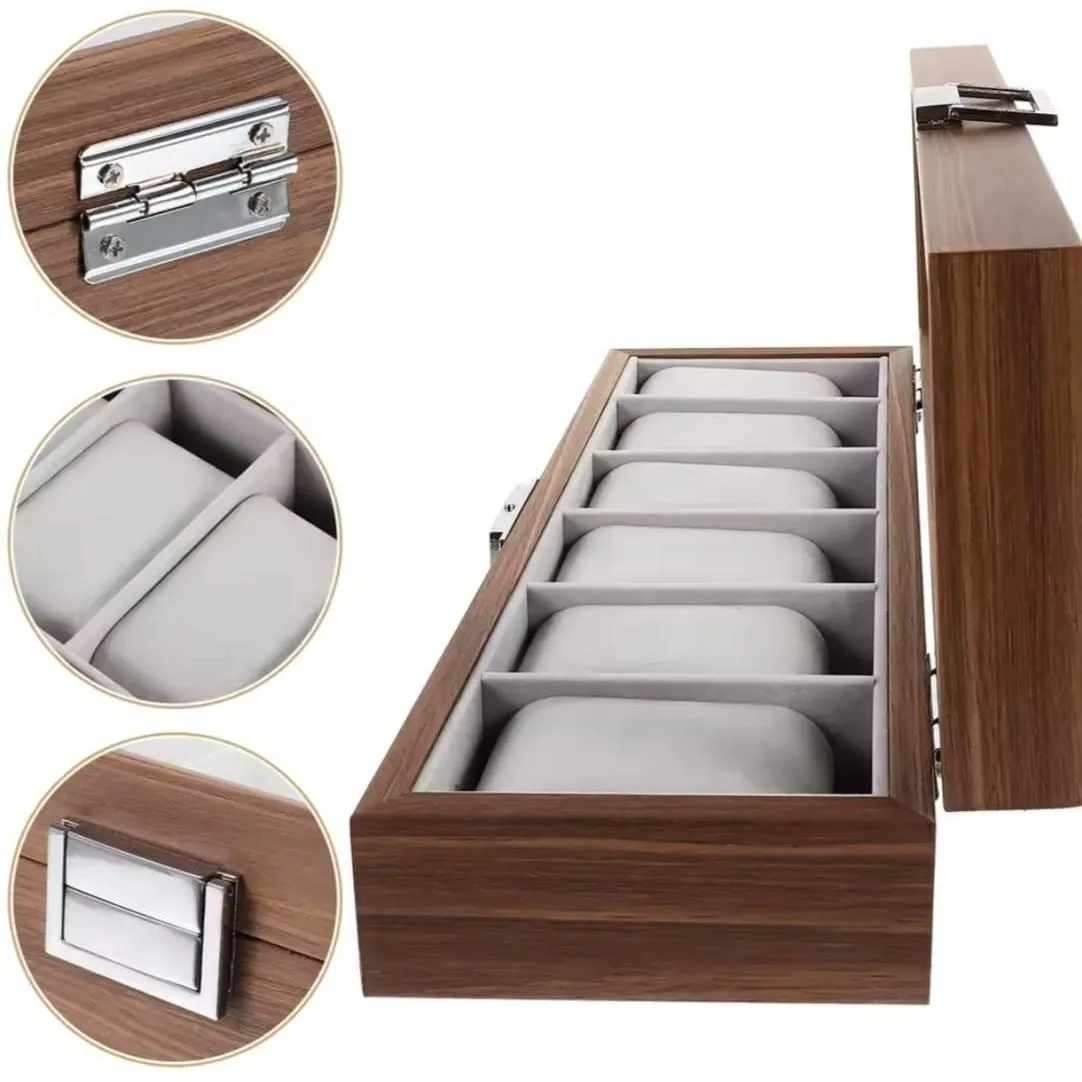 Porta Relojes de Madera con 6 Compartimentos y Tapa de Cristal