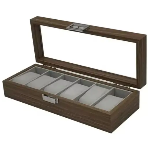 Porta Relojes de Madera con 6 Compartimentos y Tapa de Cristal — Organizadores dormitorio / Living
