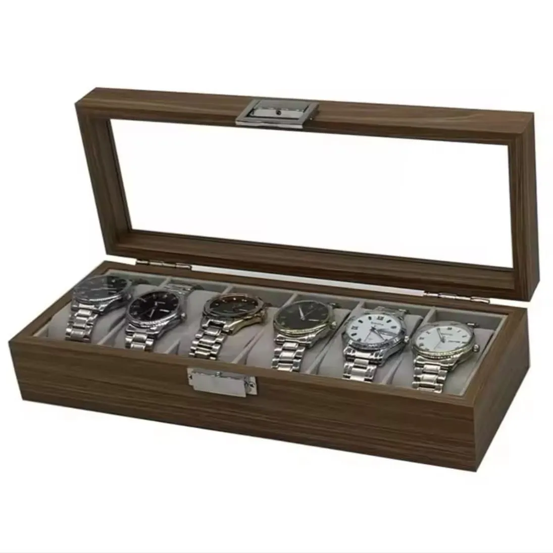 Porta Relojes de Madera con 6 Compartimentos y Tapa de Cristal