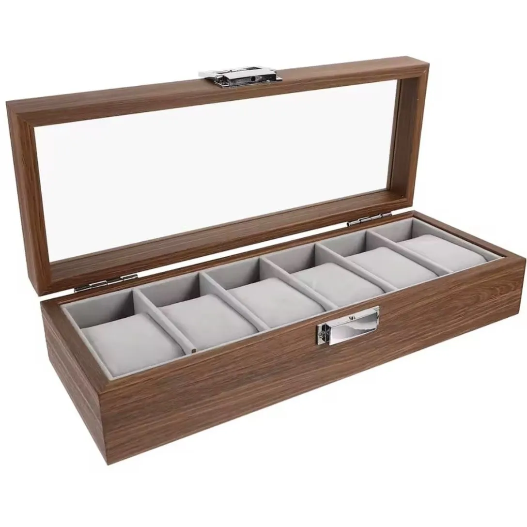 Porta Relojes de Madera con 6 Compartimentos y Tapa de Cristal — Organizadores dormitorio / Living