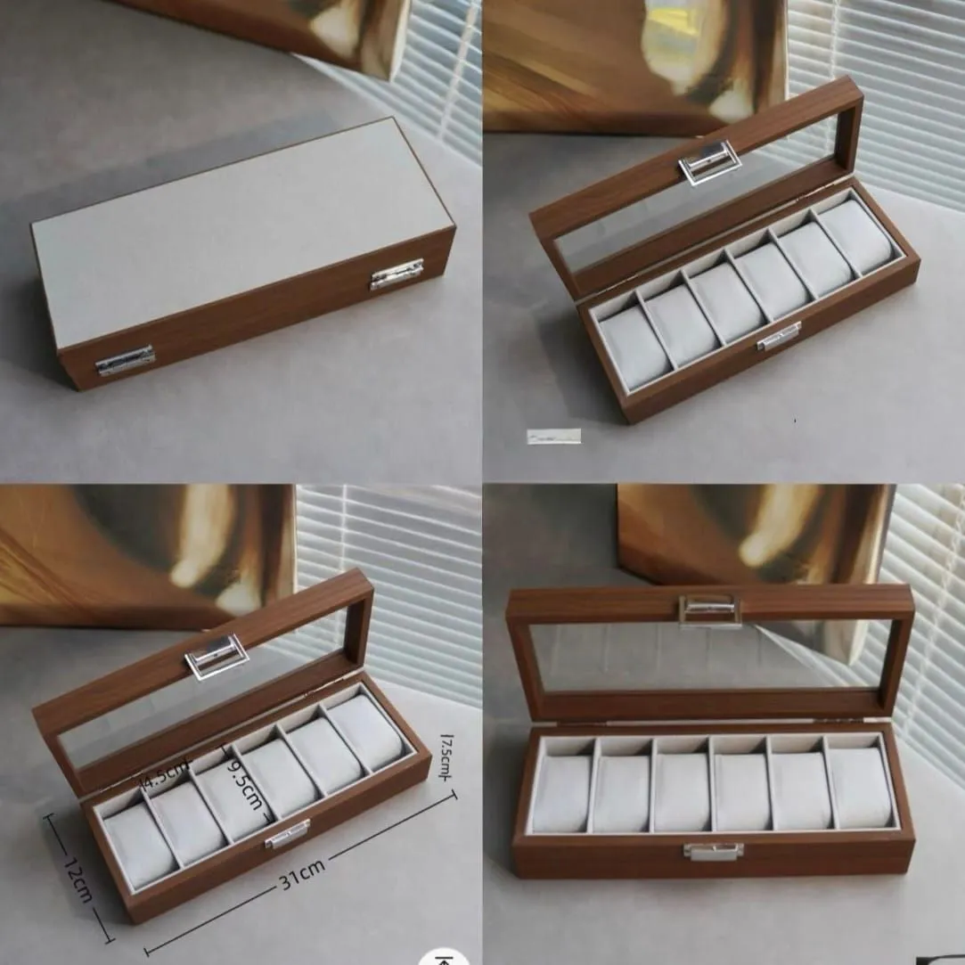 Porta Relojes de Madera con 6 Compartimentos y Tapa de Cristal