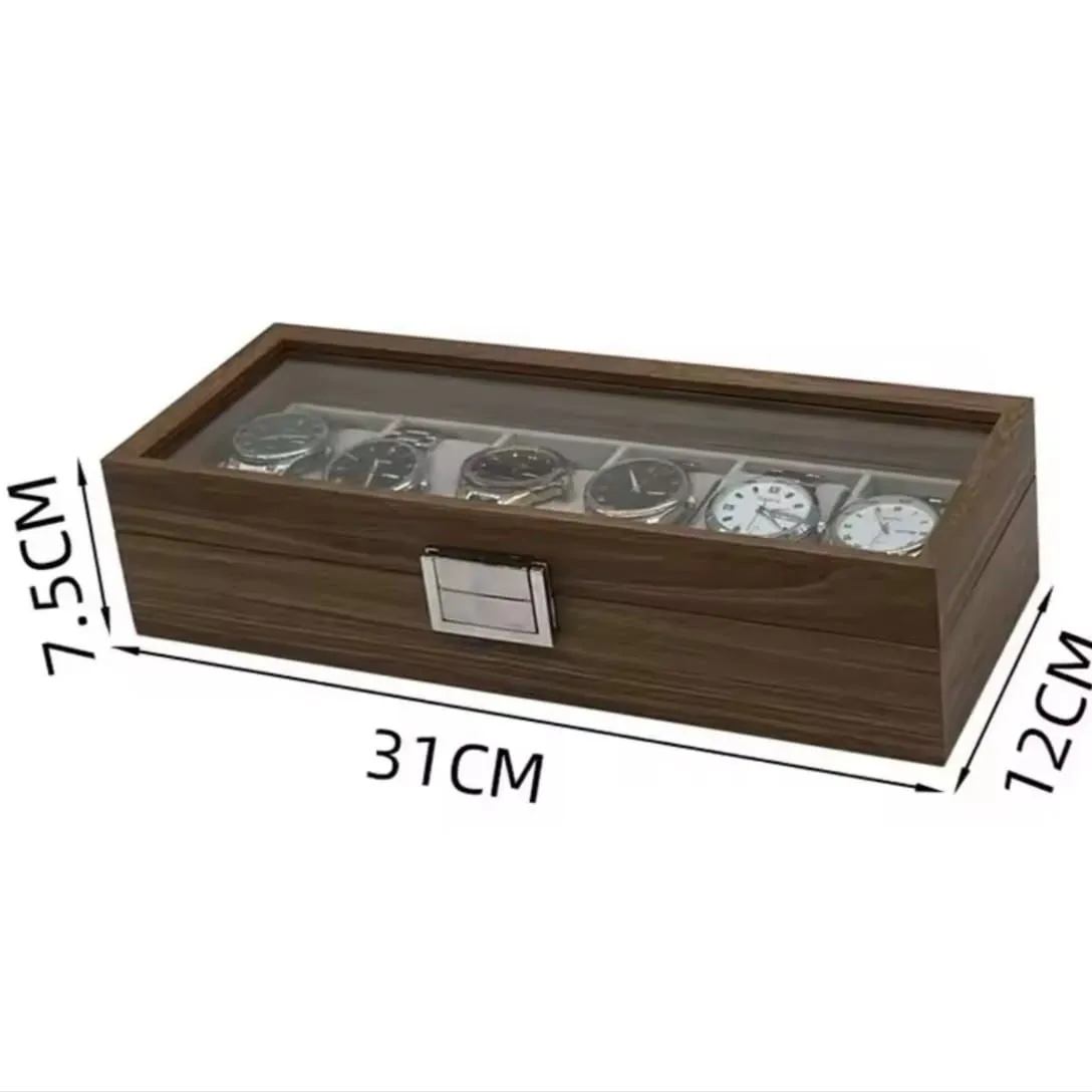 Porta Relojes de Madera con 6 Compartimentos y Tapa de Cristal