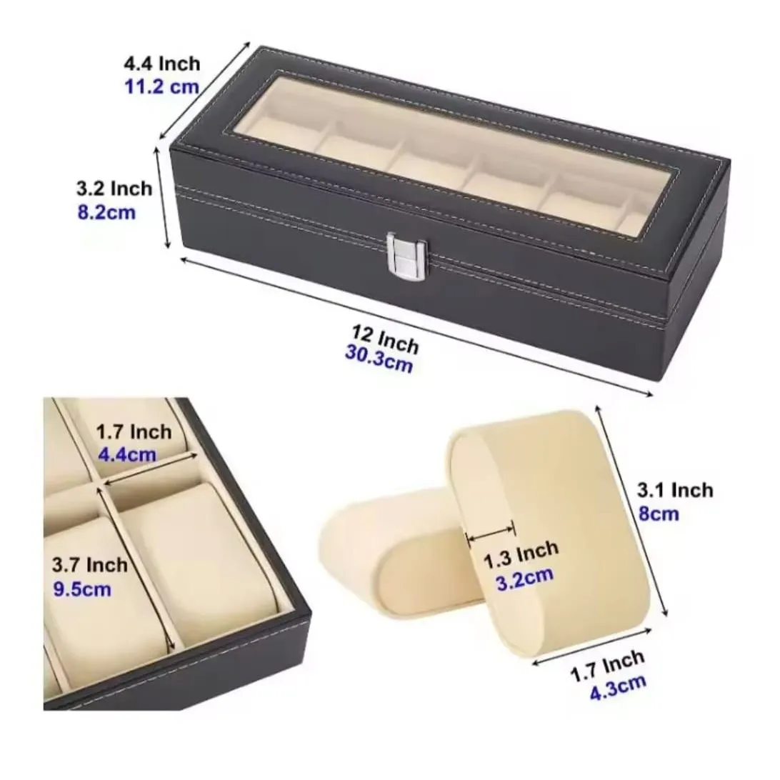 Porta Relojes de Cuero con 6 Compartimentos y Tapa de Cristal