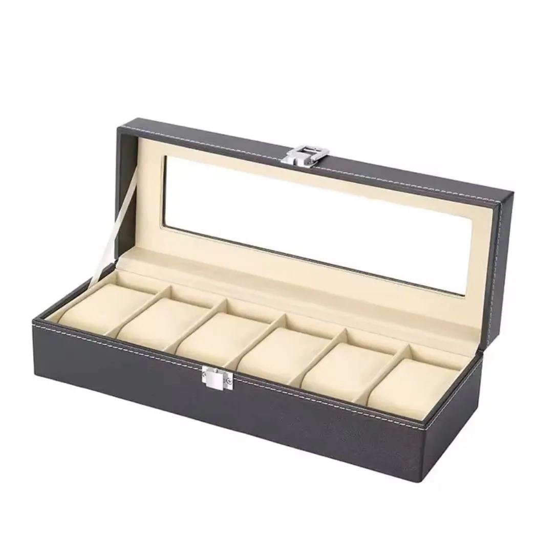 Porta Relojes de Cuero con 6 Compartimentos y Tapa de Cristal