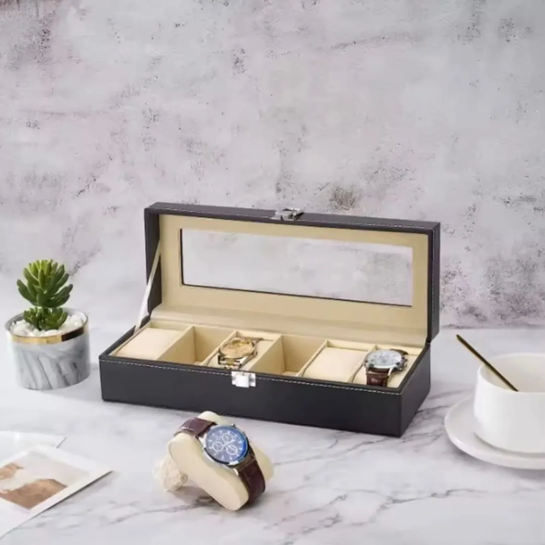Porta Relojes de Cuero con 6 Compartimentos y Tapa de Cristal