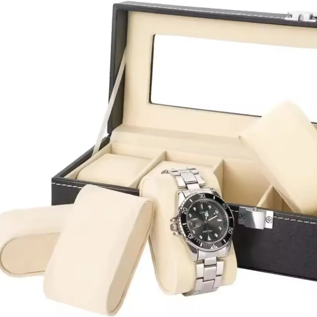 Porta Relojes de Cuero con 6 Compartimentos y Tapa de Cristal