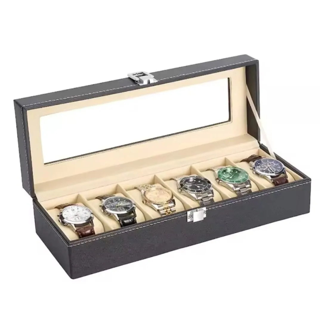 Porta Relojes de Cuero con 6 Compartimentos y Tapa de Cristal — Organizadores dormitorio / Living