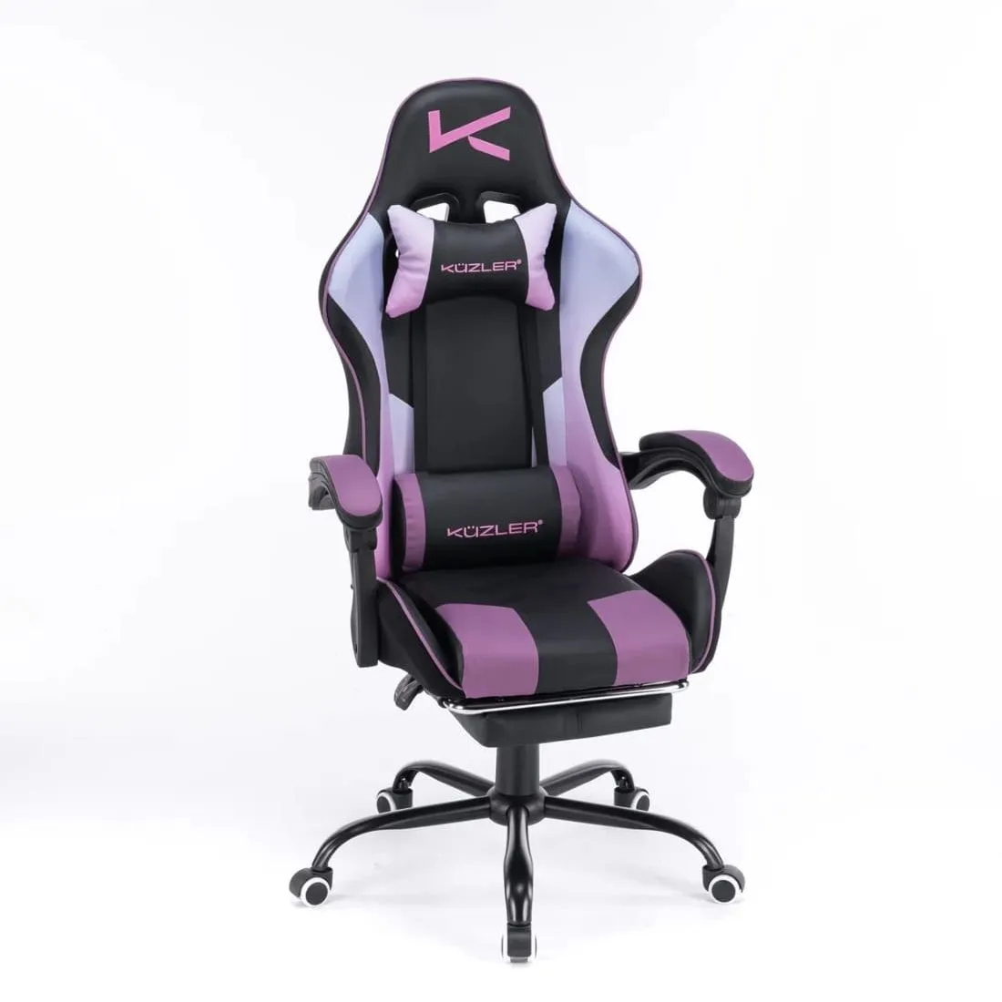 Silla Gamer Morada con Masajeador Lumbar Reposapiés y base Metálica