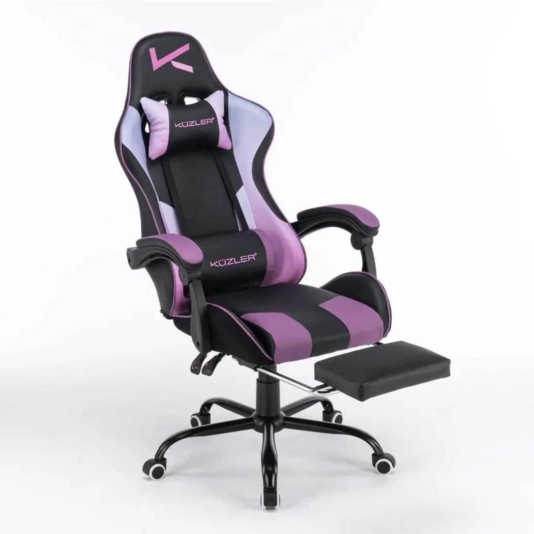Silla Gamer Morada con Masajeador Lumbar Reposapiés y base Metálica