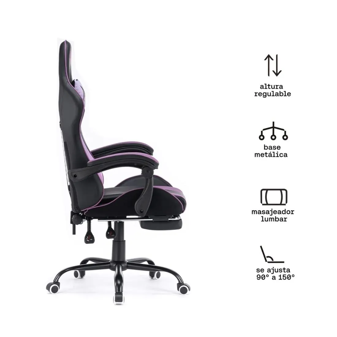 Silla Gamer Morada con Masajeador Lumbar Reposapiés y base Metálica — Accesorios para carcasas / cajas protectoras de computador