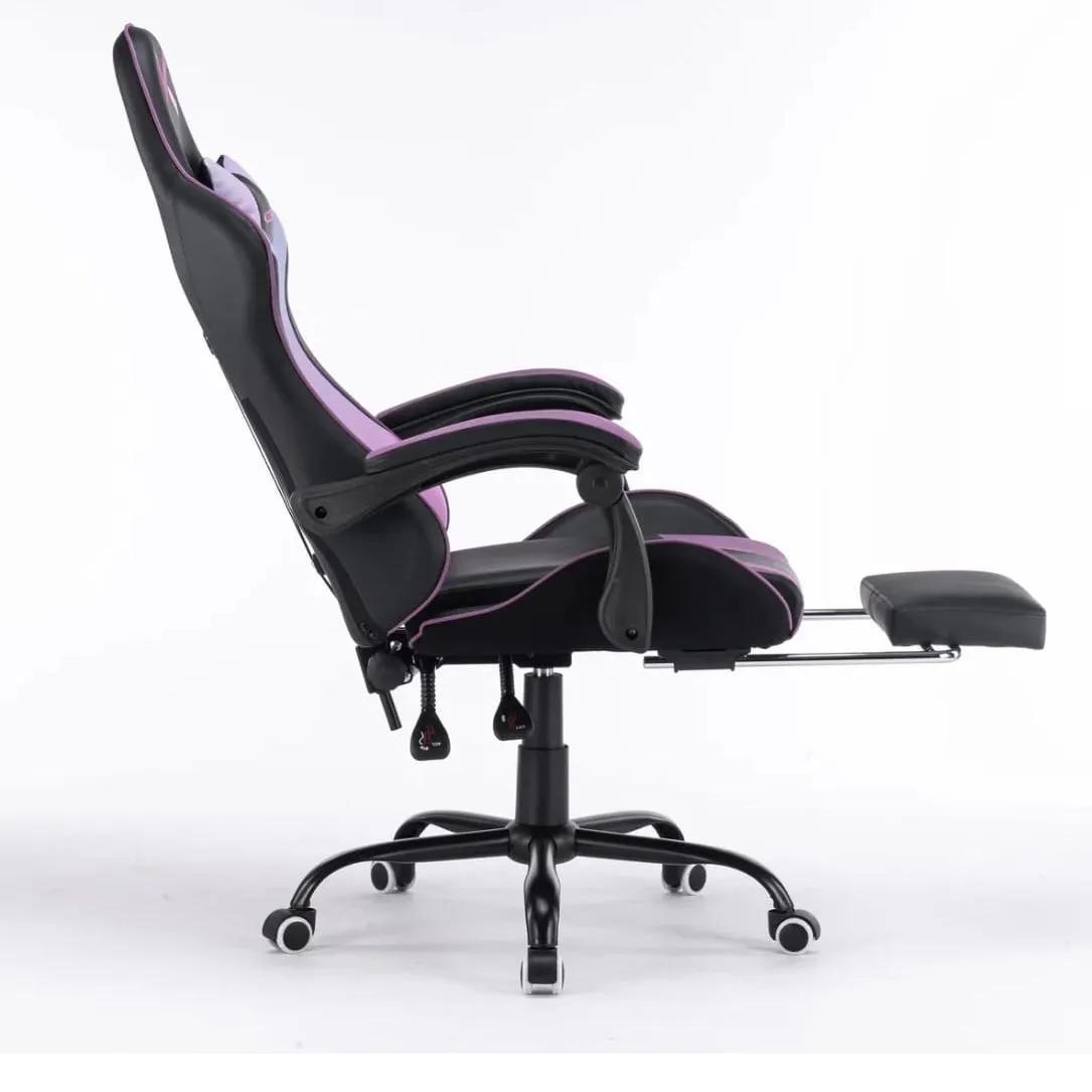 Silla Gamer Morada con Masajeador Lumbar Reposapiés y base Metálica